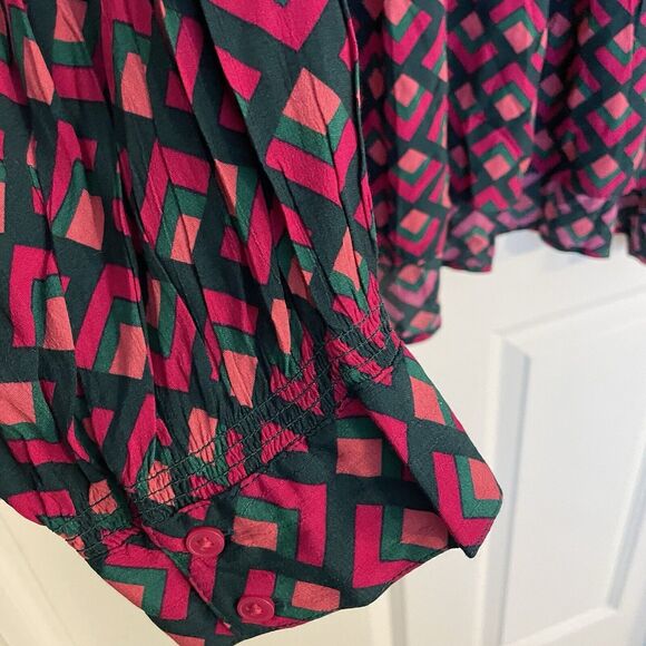 Colorful 4x Womens Pink Blouse Pleated Button Geometric Bright Terra & Sky Shirt - Picture 4 of 5